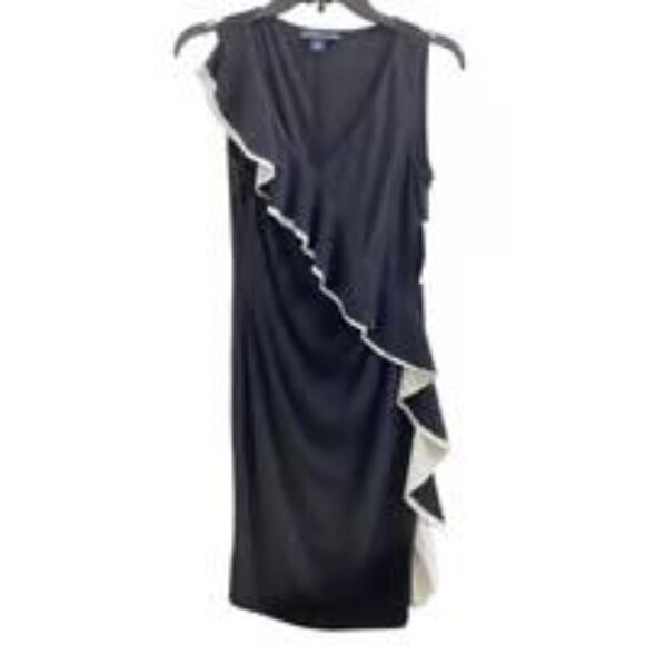 American Living NWT Diagonal Ruffle Black Shift Dress Size 6 Stretch Black White